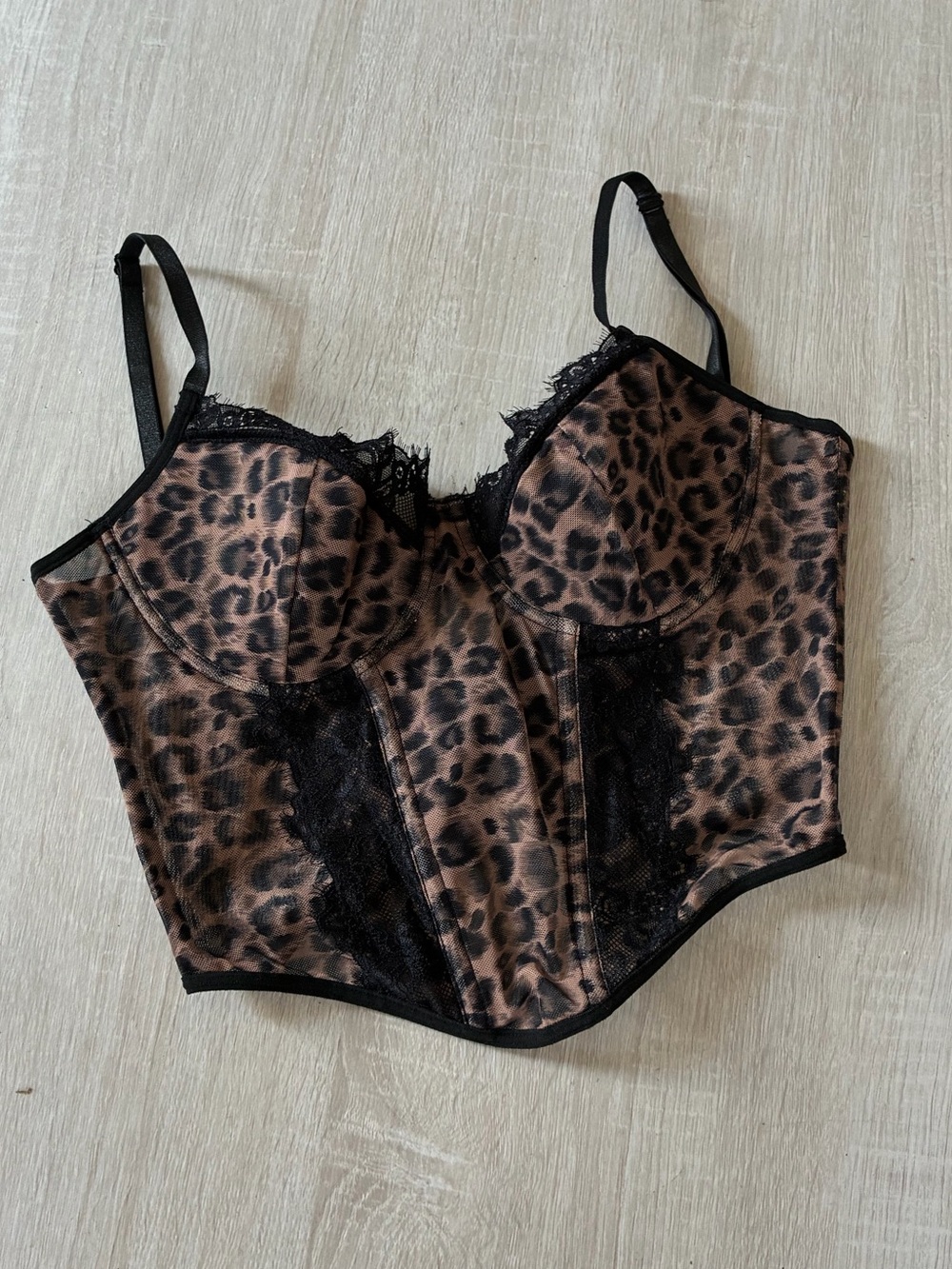 Leopard Print Mesh Fall Corset Top with Lace Trim and Ribbon Tie Back M Neutral